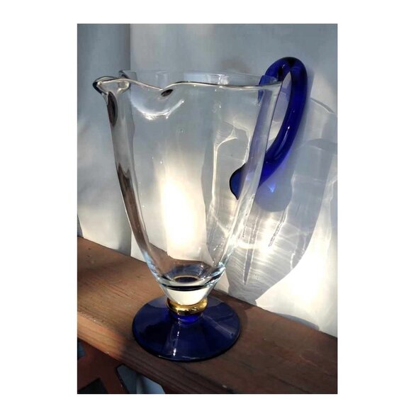 Stunning Romania Crystal Clear Glass Pitcher Cobalt Blue Gold Gilded Ring Bas - Picture 1 of 8